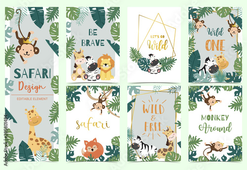 Green collection of safari background set with lion,monkey,giraffe,zebra,geometric vector illustration for birthday invitation,postcard,logo and sticker.Wording include wild one,wild and free