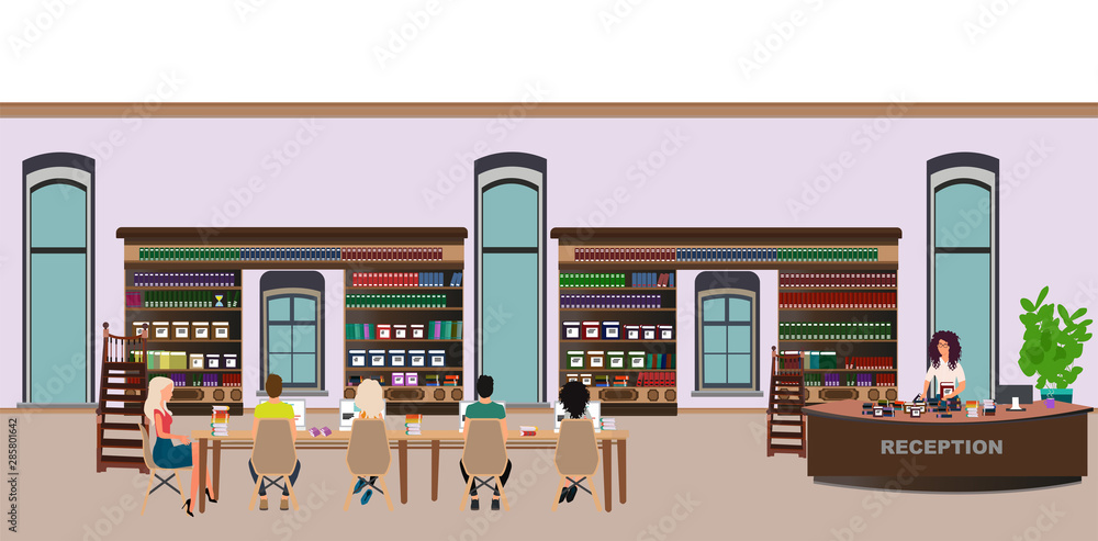Fototapeta premium Vector of a modern library interior and people sitting inside
