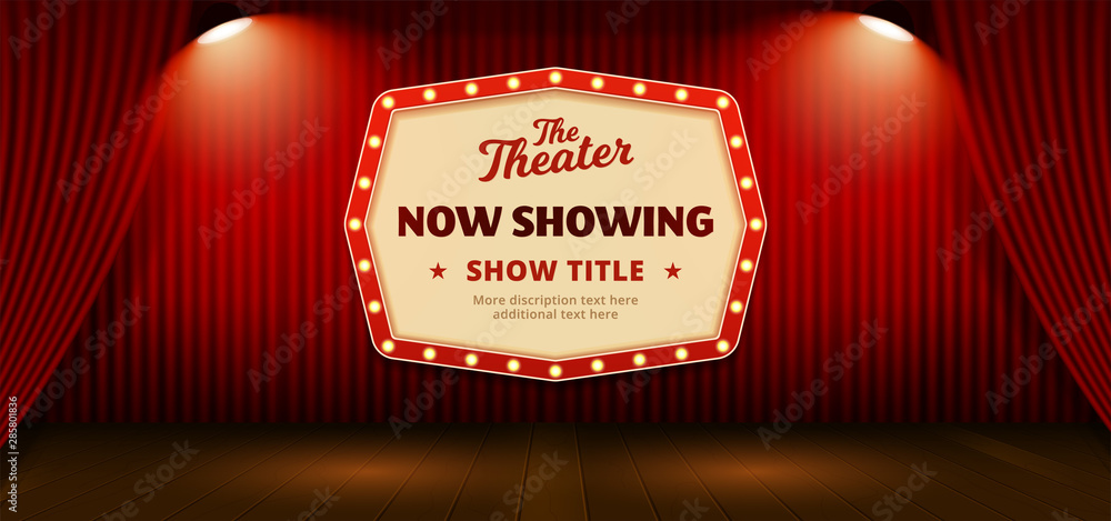 Now Showing retro classic sign board background design. red theater stage  curtain backdrop with wooden floor base and double bright spotlight lamp  vector illustration. poster banner template. Stock Vector | Adobe Stock