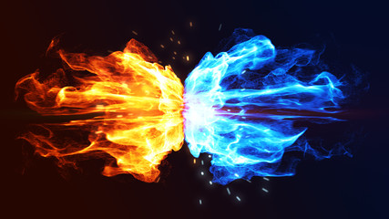 Fire and Ice Concept Design with spark. 3d illustration.