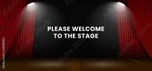 Please welcome to the stage background design. Open red theater stage curtain with wooden floor base and double bright spotlight lamp vector illustration. Poster banner show back drop template.