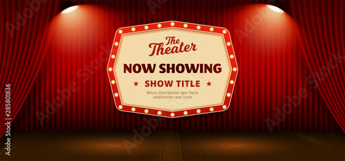 Now Showing retro classic sign board background design. red theater stage curtain backdrop with wooden floor base and double bright spotlight lamp vector illustration. poster banner template.