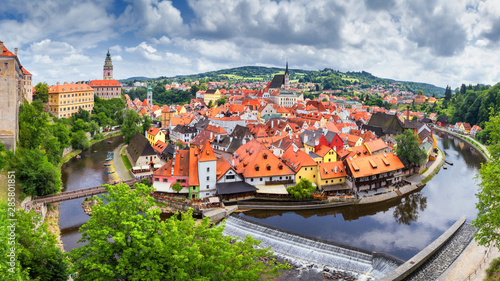 City landscape, panorama, banner - view over the historical part Cesky Krumlov with Vltava river in summer time, Czech Republic photo