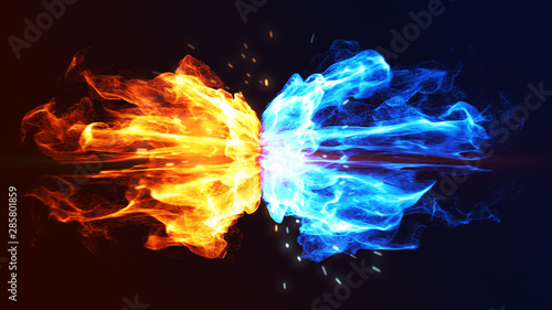 Fire and Ice Concept Design with spark. 3d illustration.