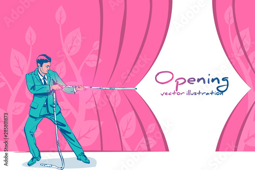 Businessman hands pull rope red cloth. Grand opening concept. Ceremony, celebration, presentation and event. Vector illustration sketch style. Cartoon creative design. Isolated on white background.