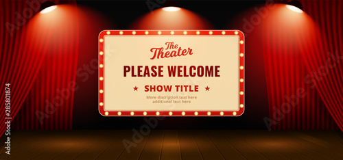 Please welcome retro classic sign board background design. Open red theater stage curtain backdrop with wooden floor base and full bright spotlight lamp vector illustration. poster banner template.