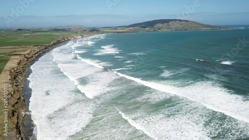 Aerial View breaking waves and Surf, Gemstone Beach, New Zealand