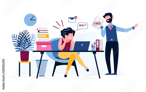 Angry boss dismisses his employee. He is dissatisfied with the work of the employee. The fired woman is very stressed. Problems and depression at work. Vector illustration. Reduction concept.