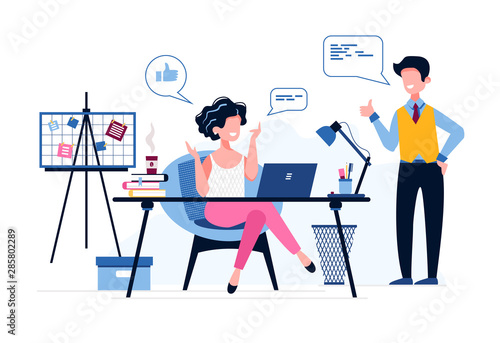 Happy female office worker. The boss praises his employee. Like icon. Good job. Successful Businesswoman. Vector illustration. Office work concept. Personal Assistant to the Managing Director.