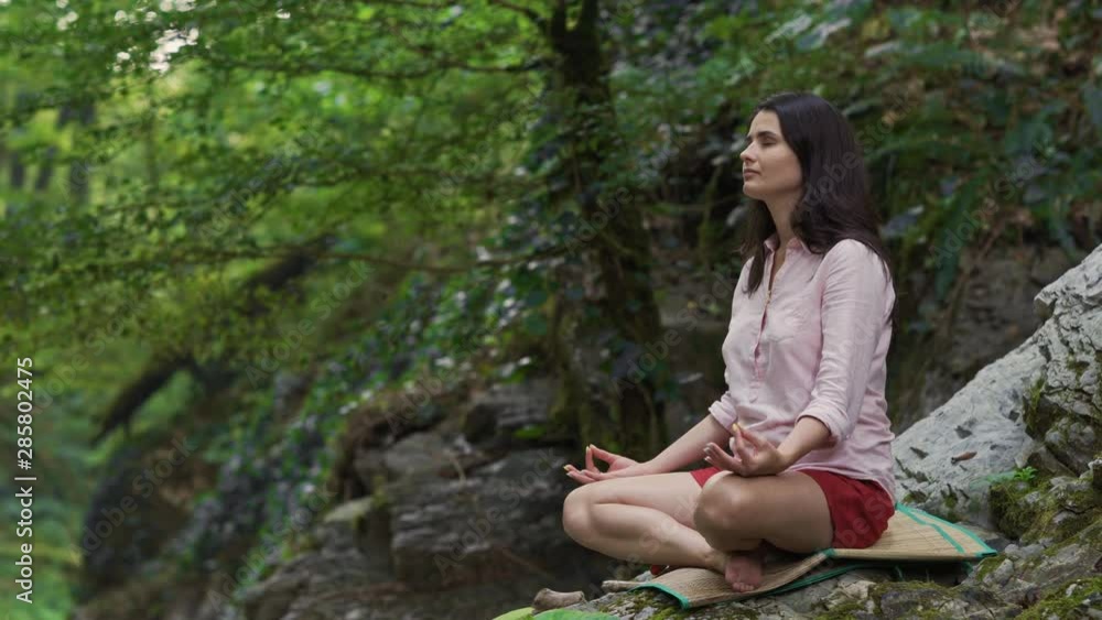A beautiful girl meditates in a Lotus position sitting on a mountain. The girl is alone among the wild nature enjoys peace and tranquility. A young woman is engaged in meditation in nature. A beautiful girl meditates in a Lotus position sitting on a mountain. The girl is alone among the wild nature enjoys peace and tranquility. A young woman is engaged in meditation in nature.