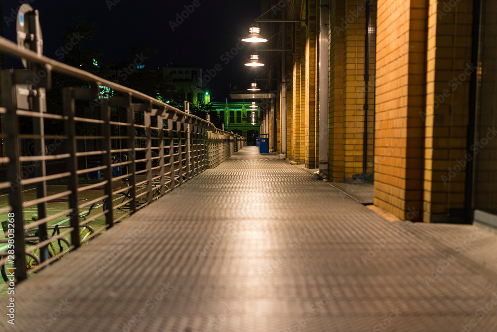 Illuminated walkway with railing, Walkway made of stall plates, Walkway at night Illuminated walkway with railing, Walkway made of stall plates, Walkway at night