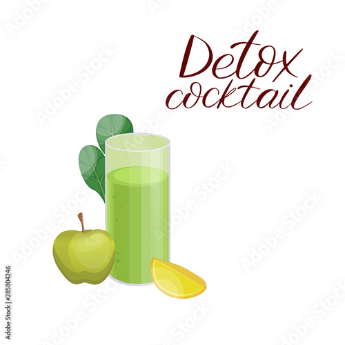 Detox cleanse drink concept, green vegetable smoothie. Natural, organic healthy juice in a glass. Vector.