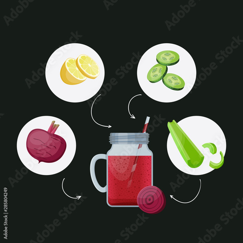 Detox cleanse drink concept, red vegetable smoothie. Natural, organic healthy juice in bottle for weight loss diet or fasting day. Beet, cucumber lime and celery.