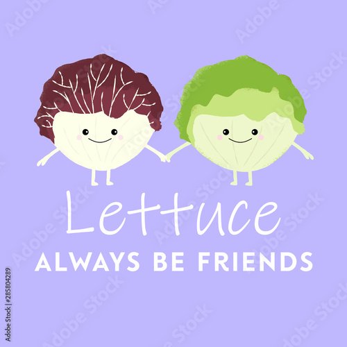 Vector illustration of two cute kawaii lettuces holding hands. Lettuce Always Be Friends. Cute food pun concept.