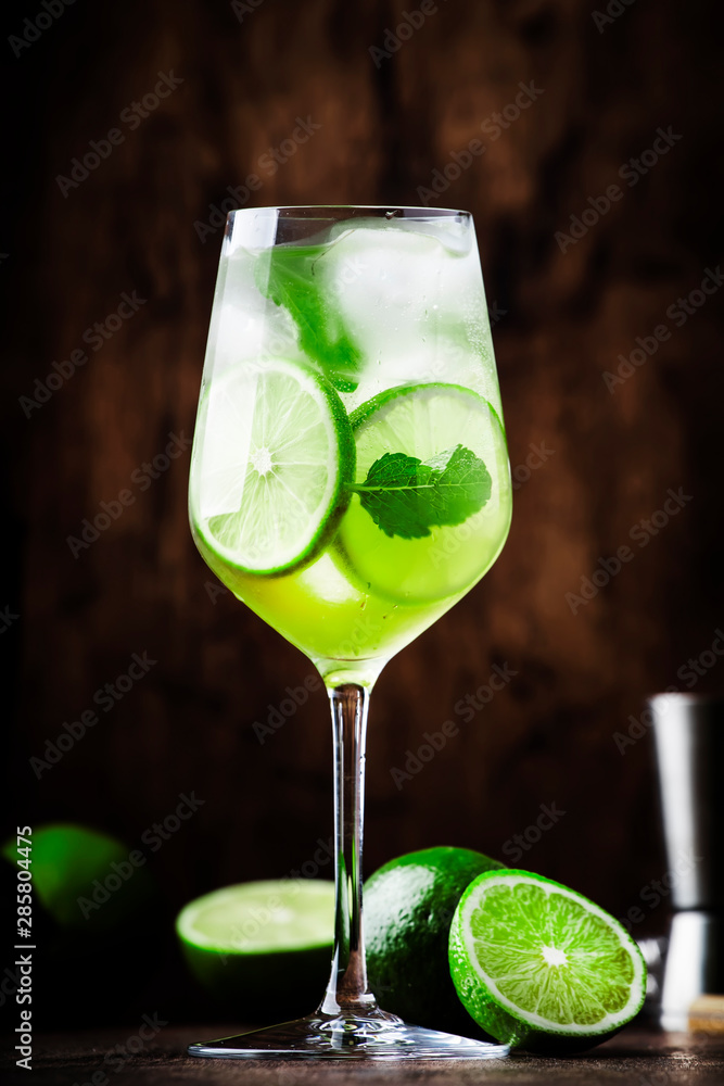 Foto Stock Martini royale alcoholic cocktail with white vermouth, prosecco,  lime, mint and ice. Old wooden table background, bar tools, selective  focus. All names refer to cocktails, not trademarks | Adobe Stock