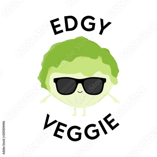 Vector illustration of a funny lettuce character with sunglasses. Edgy Veggie. Funny food pun concept.