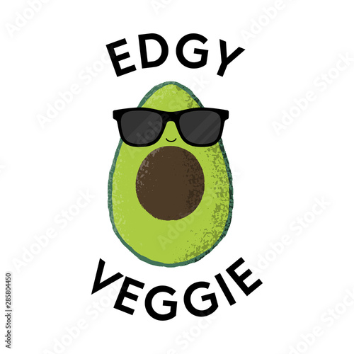 Vector illustration of a funny avocado character with sunglasses. Edgy Veggie. Funny food pun concept.