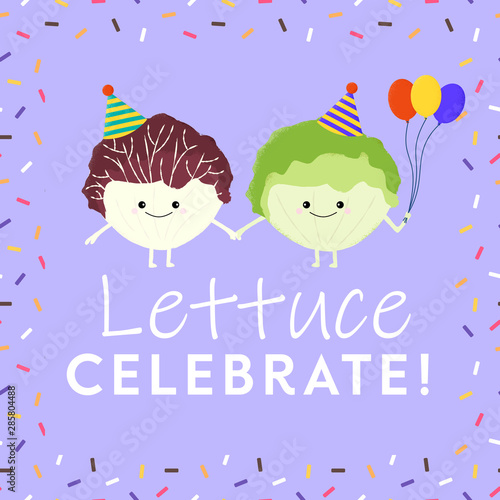 Vector illustration of two cute kawaii lettuces holding hands and wearing party hats. Lettuce Celebrate. Cute food pun concept.
