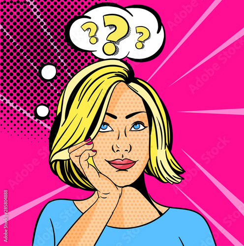 Young girl or woman with a question mark. Pop art vector illustration