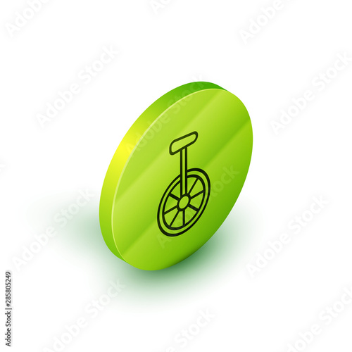 Isometric line Unicycle or one wheel bicycle icon isolated on white background. Monowheel bicycle. Green circle button. Vector Illustration