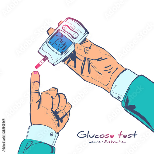 Diabetes concept, man holds in hand the meter measures the blood sugar level. Blood drop test strip. Medical diagnostics at home.Vector illustration sketch style. Cartoon design.
