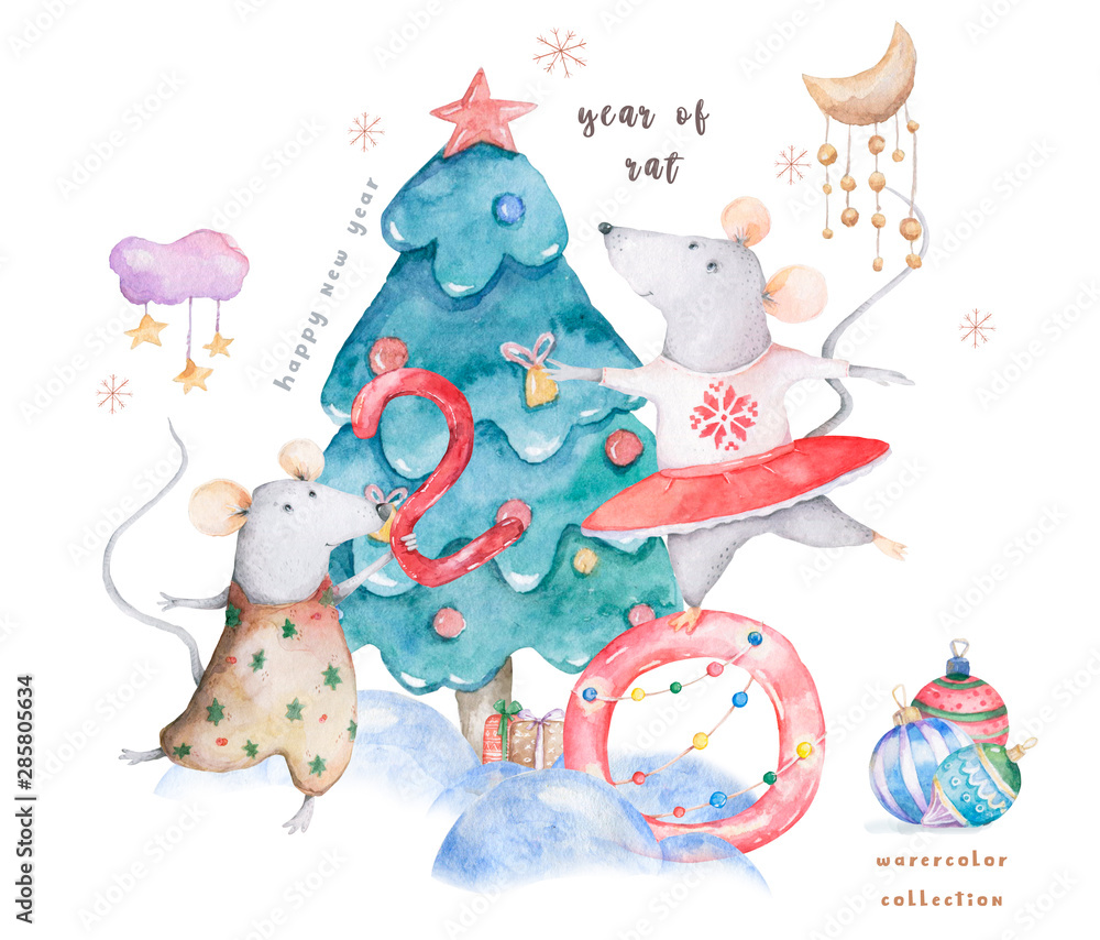 Obraz premium Cute watercolor cartoon rats and spruce tree. Watercolor hand drawn animals illustration. New Year 2020 holiday drawing illustration. Symbol 2020Merry Christmas gift card. Greeting postcard