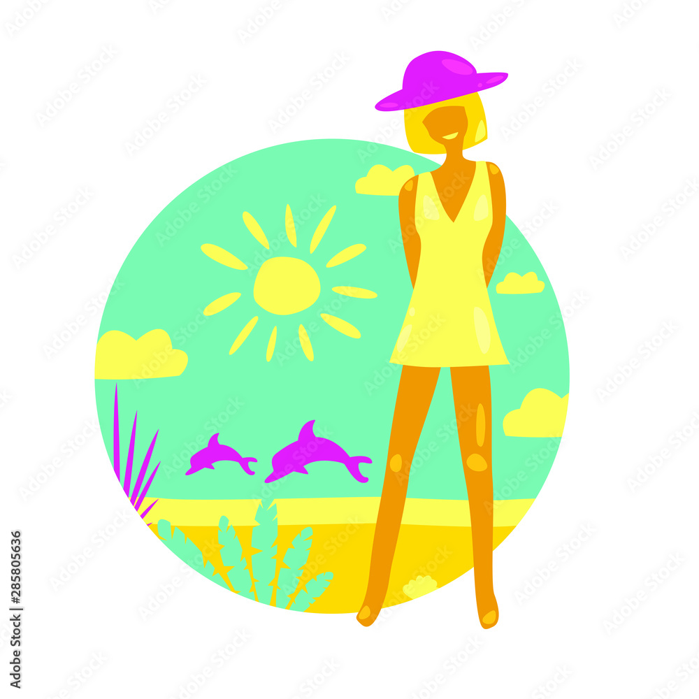 Cartoon woman on the beach in a swimsuit. Love your body. body positive. Happy Women, flat style illustration. The sun, palm trees, clouds. Background for design, posters, sites, articles, cards.