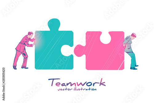 Business concept landing page. Teamwork metaphor. Two businessmen connecting puzzle elements. Vector illustration sketch style. Comics design. Combining two pieces. Together, cooperation, partnership.