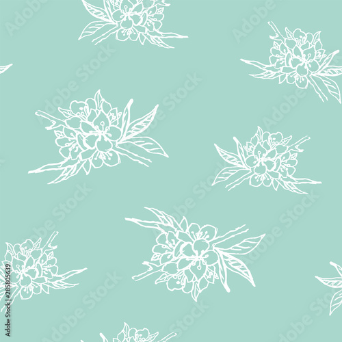 Seamless pattern with image of branch sakura flower on gently white background. Silver flowers. Vector illustration.