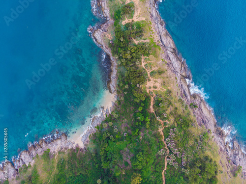 Aerial view sea rocky beach Laem Phromthep cape turquoise water