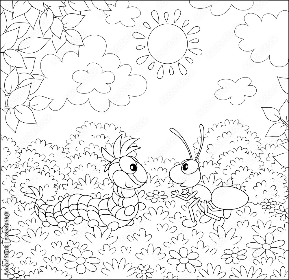 Fototapeta premium Funny caterpillar and small ant friendly talking on a glade of a forest on a pretty summer day, black and white vector illustration in a cartoon style for a coloring book