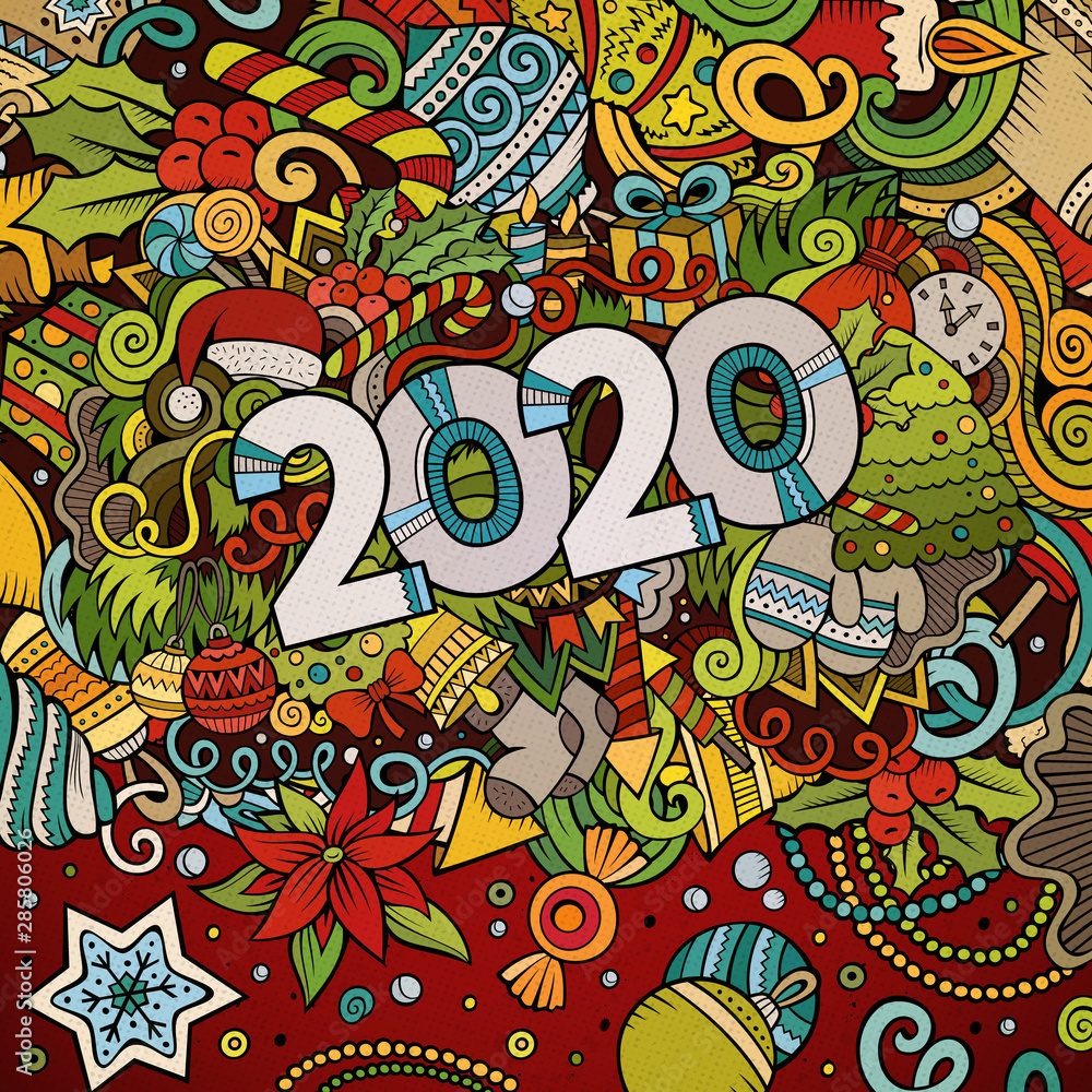 2020 hand drawn doodles illustration. New Year objects and elements poster