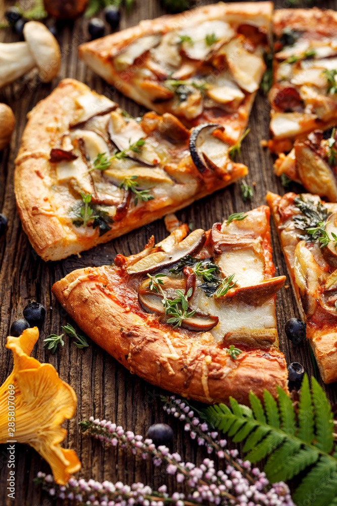 Mushroom pizza, pizza slices with addition of  edible wild mushrooms (porcini mushrooms, chanterelle) and mozzarella cheese and herbs on a wooden rustic table in a forest arrangement, close-up.