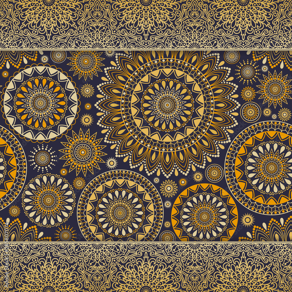Seamless background  Eastern. Mandala ornament. Arabic  Pattern. Elements of flowers and leaves. Vector illustration. Use for wallpaper, print packaging paper, textiles.