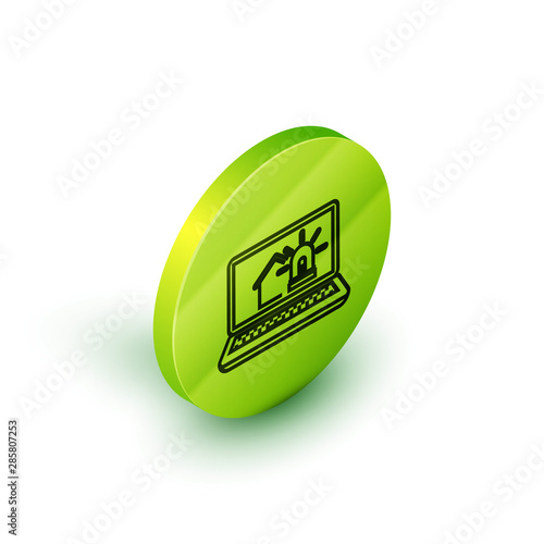 Isometric line Laptop with smart house and alarm icon isolated on white background. Security system of smart home. Green circle button. Vector Illustration