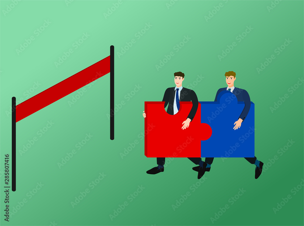 Two businessman running and holding two piece puzzle to finish line , teamwork concept Two businessman running and holding two piece puzzle to finish line , teamwork concept