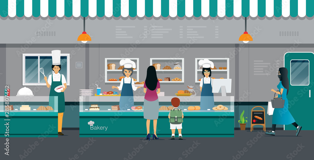 Mother and child are buying bread in a bakery.