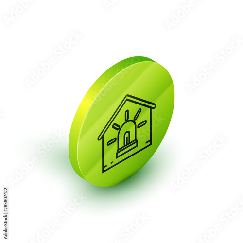 Isometric line Smart house and alarm icon isolated on white background. Security system of smart home. Green circle button. Vector Illustration