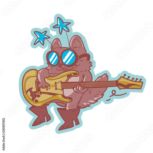 the cat playing guitar cartoon style vector illustration. isolated on white background  blue contour.