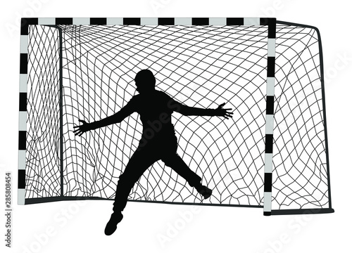 Soccer goalkeeper in front of goal net vector silhouette. Handball goalkeeper. Football  goal keeper net isolated on white background. Defender sportsman position. Save penalty.