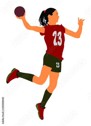Lady handball player in action vector illustration isolated on white background. Woman handball player hit ball in goal net. Sport girl jumping in the air. 