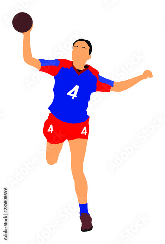 Lady handball player in action vector illustration isolated on white background. Woman handball player hit ball in goal net. Sport girl jumping in the air. 