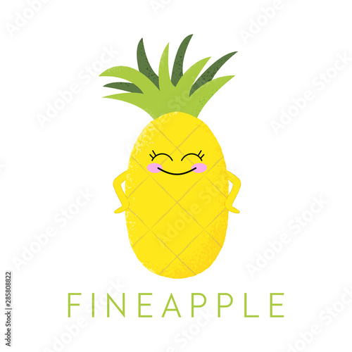 Vector illustration of a cute pineapple with a kawaii face. Fineapple. Funny food concept.