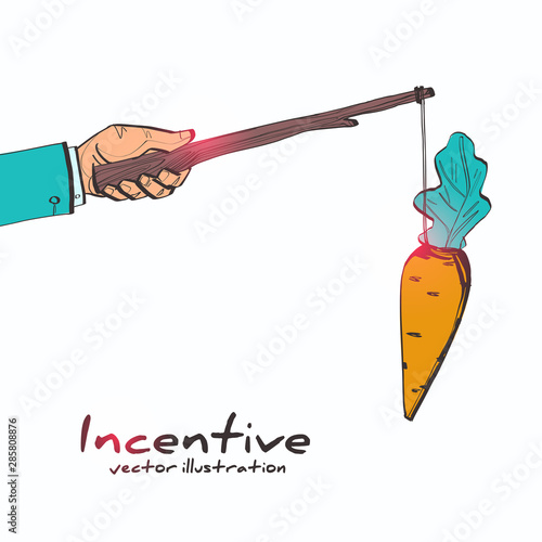 Incentive concept. Business metaphor. Personnel management leadership. Motivate people. Big hand holds carrots on stick, businessman running for bait. Vector illustration sketch design. Attract earn.