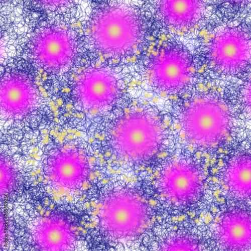 Seamless pattern of yellow - purple lights on a background of golden spots and swirling, interwoven blue lines on white.