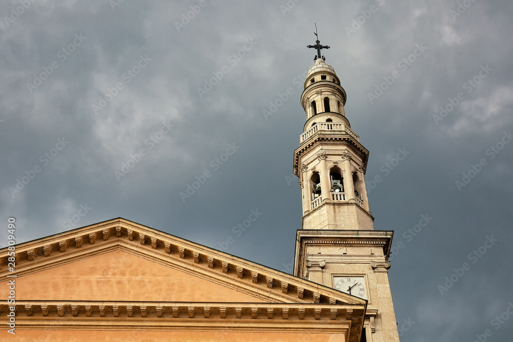 Beautiful church exterior against stormy sky, outdoor background