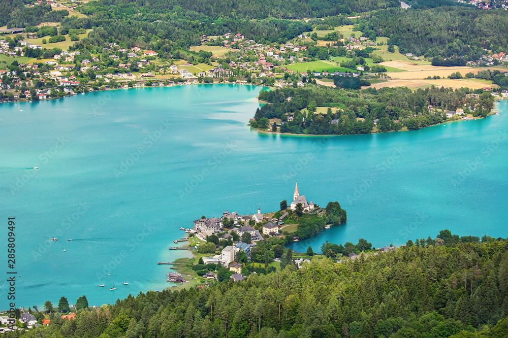 Aerial view over Lake Worthersee in Austria, summertime outdoor background