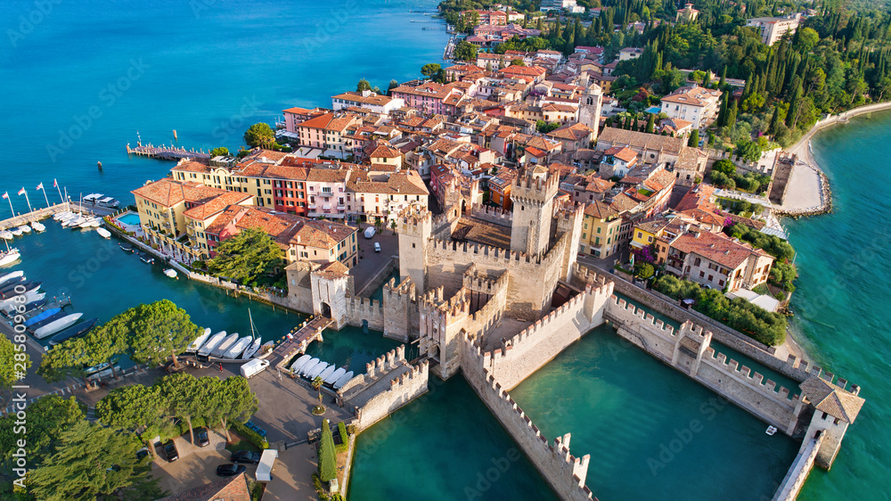 Aerial view to the town of Sirmione, popular travel destination on Lake Garda in Italy