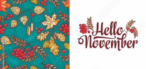 Hello November lettering phrase text. Autumn leave