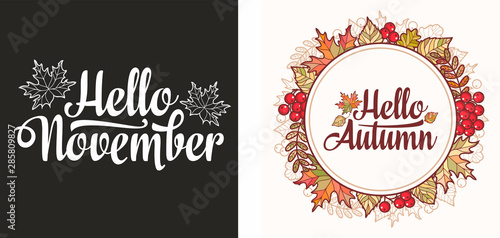 Hello November lettering phrase text.Autumn leaves